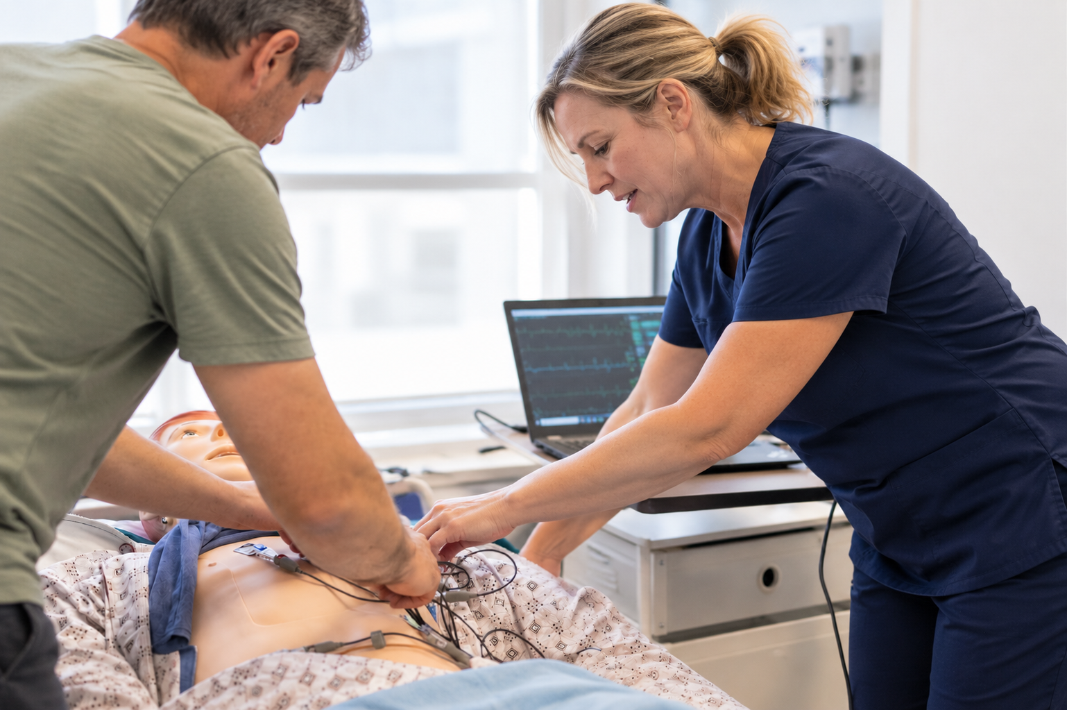 Students practising ECG monitoring with a mannequin